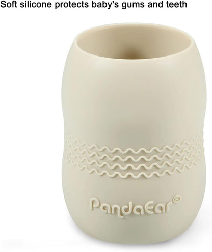 PandaEar Conjunto de 2 Copos de Silicone para Bebês a partir de 6 Meses | Copo Giratório 360° Antivazamento para Crianças Pequenas | Copo Aberto para Desmame com Fluxo Livre (Azul/Branco)