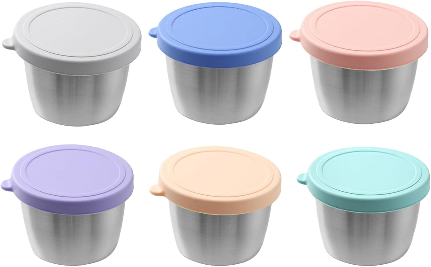 PandaEar Conjunto de 6 recipientes de aço inoxidável de 70 ml (2,4 oz) para molho de salada, com tampas à prova de vazamentos. Copos pequenos e reutilizáveis para molho de salada, lancheira, viagens e preparação de refeições.