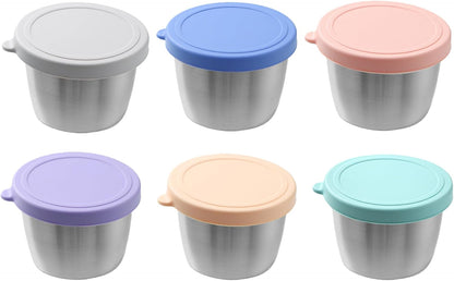 PandaEar Conjunto de 6 recipientes de aço inoxidável de 70 ml (2,4 oz) para molho de salada, com tampas à prova de vazamentos. Copos pequenos e reutilizáveis para molho de salada, lancheira, viagens e preparação de refeições.