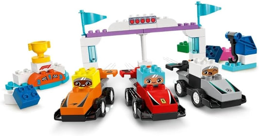 LEGO DUPLO Town F1 Team Race Cars & Drivers Building Toy para brincadeiras imaginativas, presente de aniversário de Fórmula 1 para crianças de 2 anos ou mais, meninos e meninas, ajuda a desenvolver habilidades motoras finas