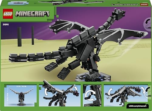 LEGO Minecraft Ender Dragon - Figura Interativa com Asas Metalizadas que Batem e Suporte para Portal de Saída, Ideal para Decoração de Quarto Infantil - Presente Perfeito para Meninos, Meninas e Fãs a partir de 10 Anos - 21595
