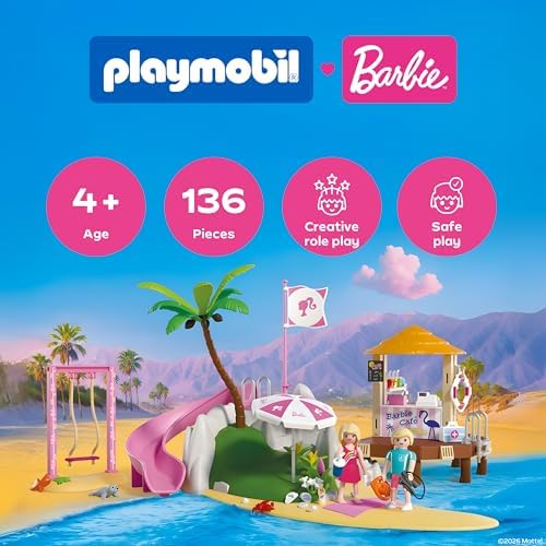 Playmobil | Barbie x Barbie Beach Café | Aventura de Verão com Barbie e Ken | Com Balanço, Escorregador e Animais | Conjunto Criativo para Crianças a partir de 4 Anos | 72121
