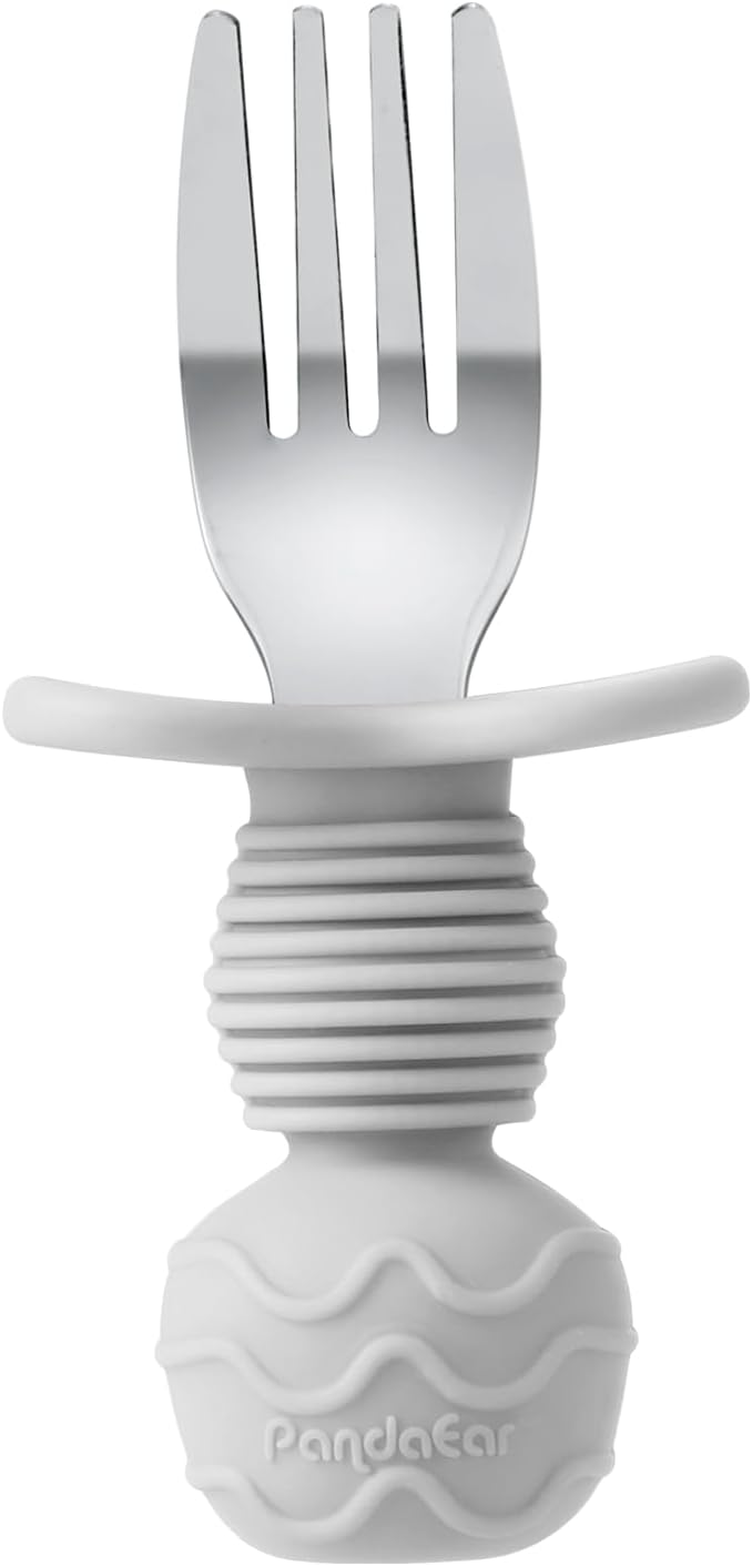 PandaEar Conjunto de 6 colheres e garfos de aço inoxidável para alimentação infantil - Utensílios anti-engasgo para bebês e crianças a partir de 18 meses de idade, ideais para a introdução alimentar guiada (azul/cinza/pêssego).