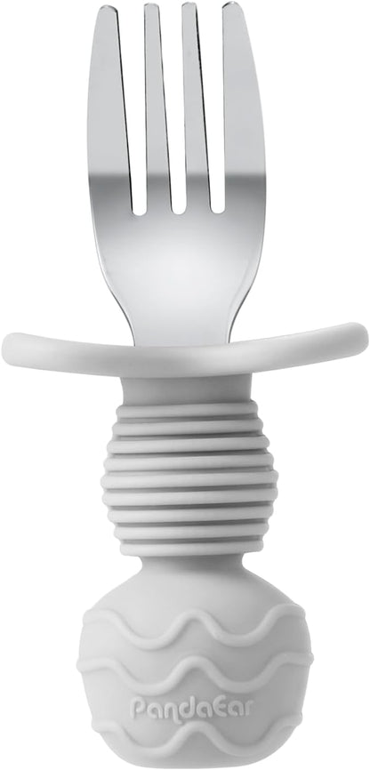 PandaEar Conjunto de 6 colheres e garfos de aço inoxidável para alimentação infantil - Utensílios anti-engasgo para bebês e crianças a partir de 18 meses de idade, ideais para a introdução alimentar guiada (azul/cinza/pêssego).