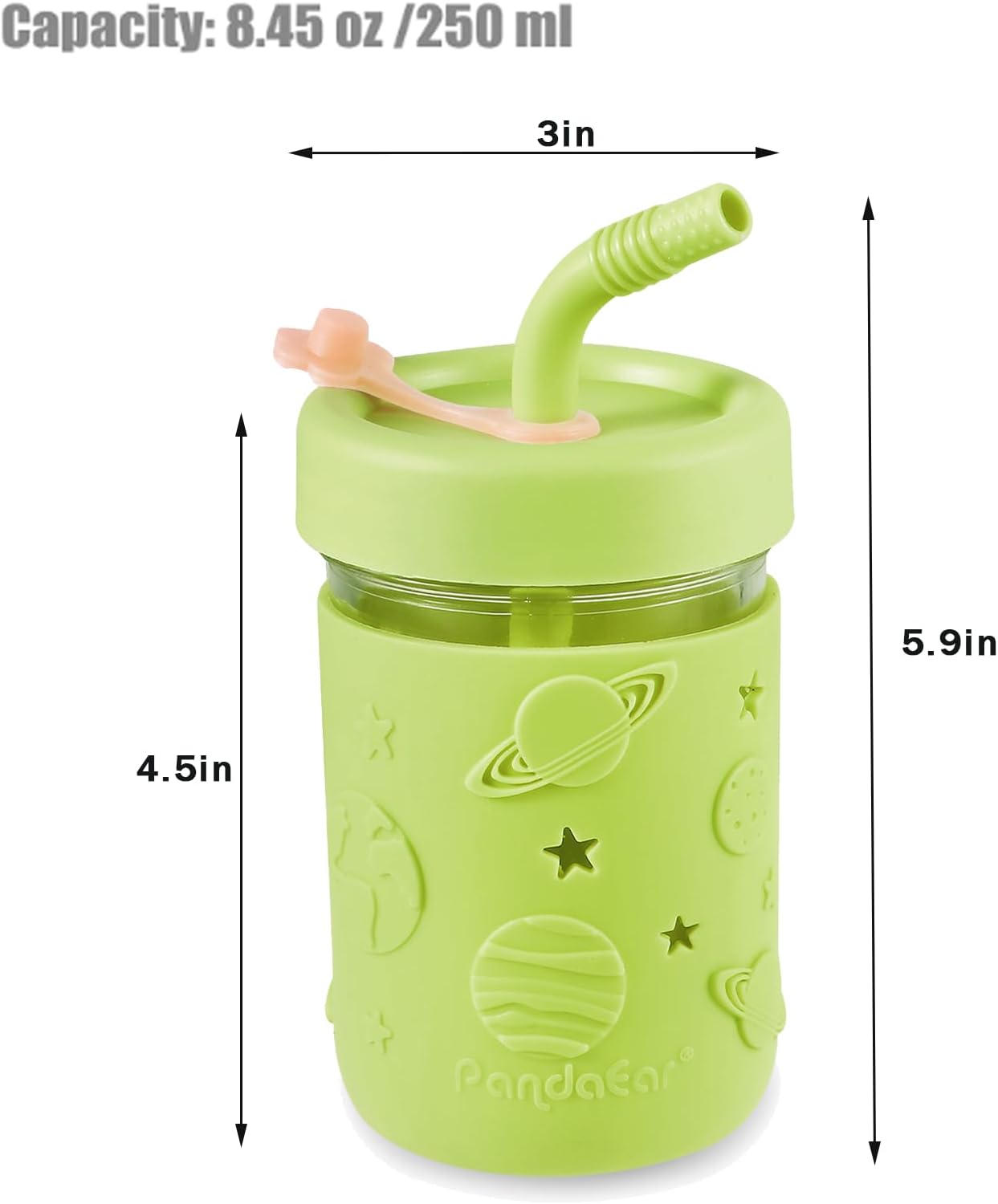 PandaEar Conjunto de 4 Copos de Vidro para Crianças e Bebês, Estilo Mason Jar, 250ml, com Capas de Silicone e Canudos, Copos Antivazamento para Smoothies e Lanches.