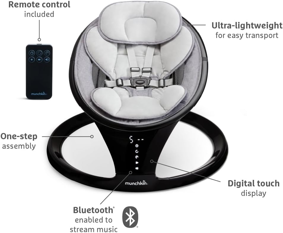 Munchkin Balanço elétrico para bebês | Cadeira de balanço e balanço para bebês com Bluetooth, balanço para bebês com balanço natural em 5 velocidades e controle remoto, Balanço para bebês Munchkin com estrutura de porta de brincar e pula-pula