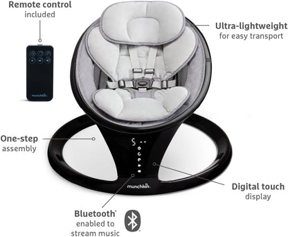 Munchkin Balanço elétrico para bebês | Cadeira de balanço e balanço para bebês com Bluetooth, balanço para bebês com balanço natural em 5 velocidades e controle remoto, Balanço para bebês Munchkin com estrutura de porta de brincar e pula-pula