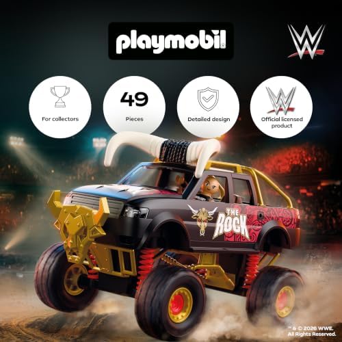 Playmobil | WWE® | Monster Truck WWE The Rock | Monster Truck com suspensão, chifres e figura do The Rock | Para fãs a partir de 5 anos | 71955