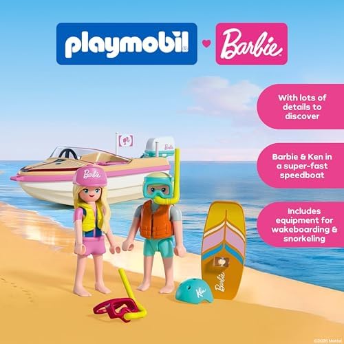 Playmobil | Barbie x Barbie – Barco de Aventura | Lancha com Barbie e Ken | Malibu Summer Vibes e Aventura Aquática | Conjunto Criativo para Crianças a partir de 4 Anos | 72122