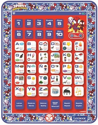 LEXIBOOK, Homem-Aranha e Seus Incríveis Amigos, Tablet Educativo Bilíngue, Brinquedo para aprender o alfabeto, números, palavras, ortografia e música, Inglês/Espanhol, Azul/Vermelho, JCPAD002SPi2