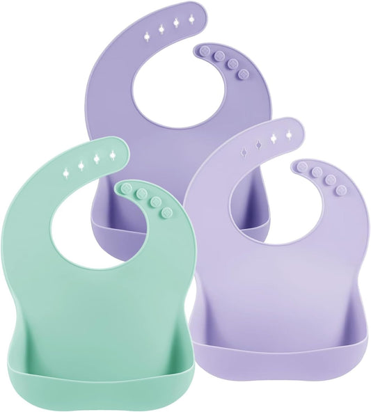 PandaEar Conjunto de 3 Babadores de Silicone Grosso para Bebês e Crianças de 10 a 72 Meses | Babadores Ajustáveis e Impermeáveis com Bolso Coletor de Alimentos, Macios, Unissex e Sem Sujeira