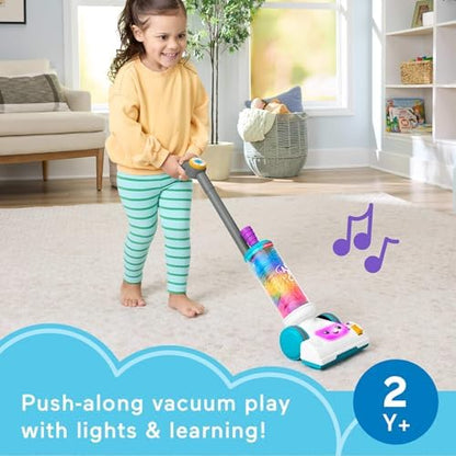 Fisher-Price Aspirador de pó 2 em 1 Laugh & Learn com espanador, luzes e música para brincadeiras de faz de conta para crianças a partir de 2 anos, versão multilíngue, JMM33