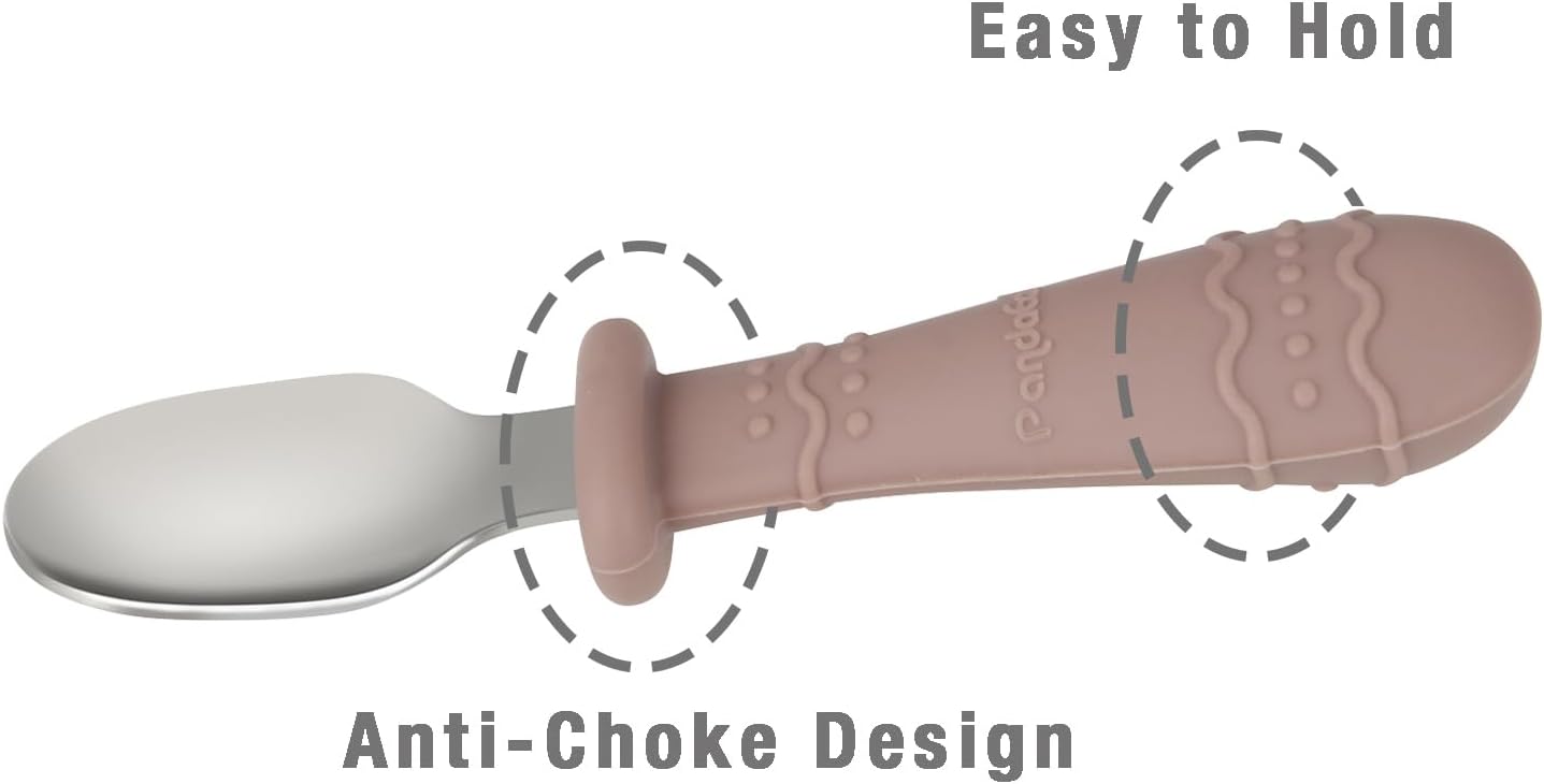 PandaEar Conjunto de Talheres Infantis com 6 Peças | Conjunto de Garfo e Colher para Bebê | Talheres Infantis em Aço Inoxidável | Talheres para Bebês a partir de 12 Meses com Design Antiengasgo e Apoio de Silicone (Azul/Marrom/Vermelho)