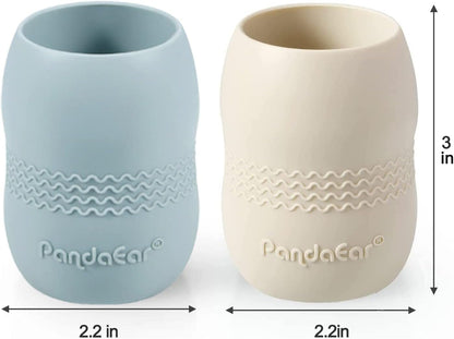 PandaEar Conjunto de 2 Copos de Silicone para Bebês a partir de 6 Meses | Copo Giratório 360° Antivazamento para Crianças Pequenas | Copo Aberto para Desmame com Fluxo Livre (Azul/Branco)