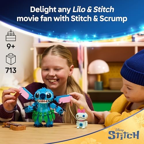 LEGO | Disney Stitch & Scrump Brinquedo - 2 Figuras com Acessórios, incluindo um Ukulele para Decoração de Quarto Infantil - Ideia de Presente de Aniversário para Meninas e Meninos a partir de 9 Anos e Fãs do Filme - 43296