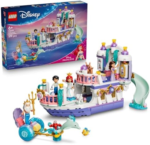 LEGO | Barco de Casamento Real da Princesa Ariel da Disney - Conjunto da Pequena Sereia com 7 figuras, incluindo Ariel e Vanessa - Decoração para quarto infantil - Presente para meninas e fãs a partir de 6 anos - 43299