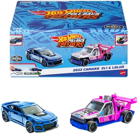 Hot Wheels Conjunto de 2 carros de brinquedo Pull-Back Speeders em escala 1:43, puxa carros para trás e solta, alto desempenho, colecionável, com motor Rolomatic ou porta ou capô que abre, os modelos podem variar, HPR91