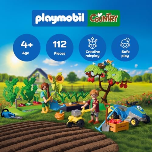 Playmobil | Country | Horta Idílica | Conjunto de Jardim com Trator Cortador de Grama, Vegetais para Colher e Muitos Acessórios | Para Crianças a Partir de 4 Anos | 72165