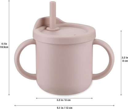 PandaEar Conjunto de 2 Copos de Silicone Multifuncionais com Canudo, Colheres e Garfos, para Bebês e Crianças Pequenas, Antivazamento, Rosa e Verde