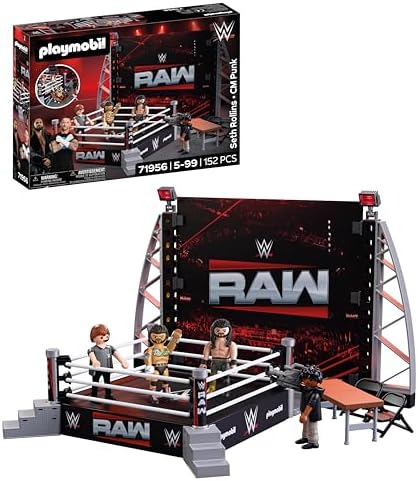 Playmobil | WWE® | Conjunto de Colecionador Ringue WWE RAW | Ringue de Luta Livre com CM Punk, Seth Rollins, Árbitro, Cinegrafista e Acessórios | Para Fãs a Partir de 5 Anos | 71956