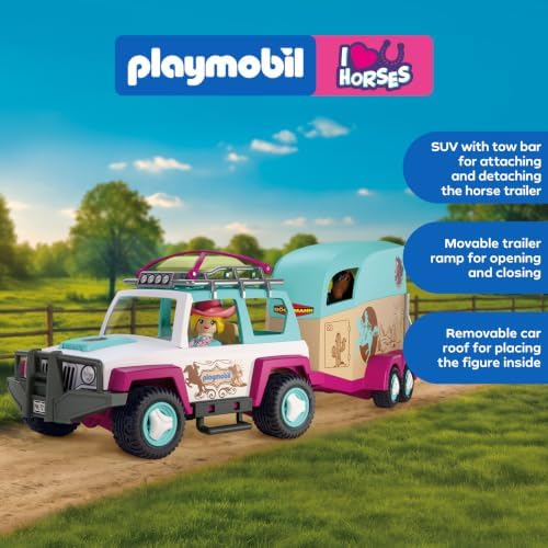 Playmobil | I Love Horses | Veículo Off-Road com Reboque para Cavalos | Conjunto de transporte com amazona, cavalo, acessórios e rampa móvel | Para crianças a partir de 4 anos | 72129
