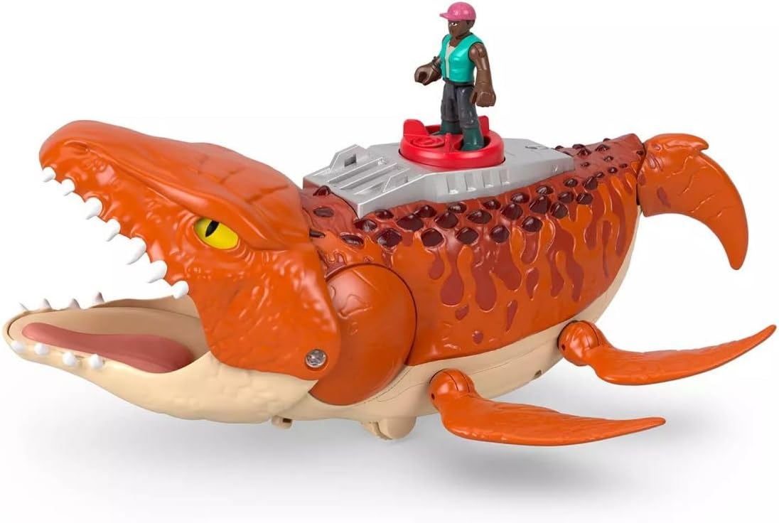 Fisher-Price Imaginext Jurassic World Rebirth Aquachomp Chase Mosasaurus - Brinquedo de dinossauro de 45 cm com figura de ação de 7,5 cm, barco lançador e 2 projéteis, JFR23
