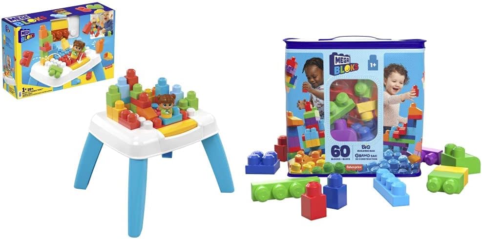 MEGA Conjunto de construção de mesa Bloks Build 'N Tumble com 2 recursos de queda, 23 blocos de construção grandes e 1 figura de amigos de bloco, conjunto de presente de brinquedo para idades de 1 e acima e conjunto