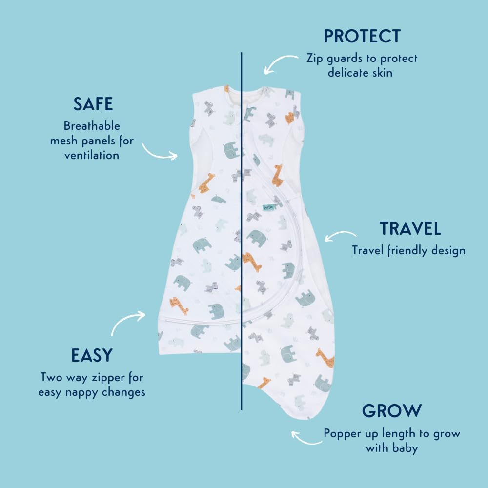 PurFlo Cuddle to Sleep Bag 2.5 TOG | Saco de dormir para bebês de 3 a 12 meses | Saco de dormir respirável, leve e seguro para bebês | Cobertor vestível para crianças pequenas | Animal Safari