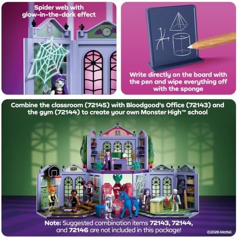 Playmobil | Monster High™ | Sala de Aula Monster High | Conjunto de Sala de Aula com Sr. Mummy, Spectra Vondergeist, Lousa e Teia de Aranha que Brilha no Escuro | Para Fãs a Partir de 5 Anos | 72145