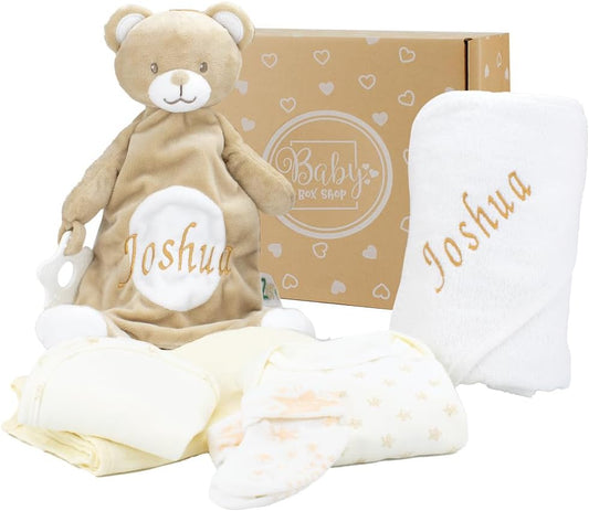 Baby Box Shop - Toalha com capuz personalizada para bebê e cobertor de urso personalizado para bebê, itens essenciais para recém-nascidos, Baby Box Shop - 6 itens essenciais para recém-nascidos unissex