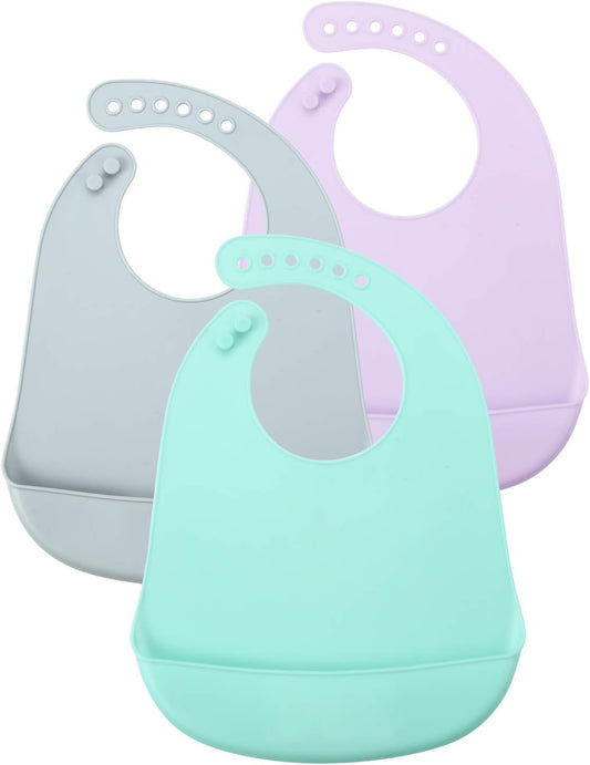 PandaEar Conjunto de 3 babadores de silicone superfinos e leves da, em cores lindas, para bebês e crianças pequenas | Azul/Roxo/Cinza | 10 a 72 meses