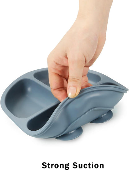 PandaEar Conjunto de 3 Pratos Infantis com Ventosa para Introdução Alimentar, Incluindo 3 Colheres, Pratos de Silicone para Crianças, Prato Dividido com Ventosa Inquebrável, Antiderrapante, Atóxico e Livre de BPA