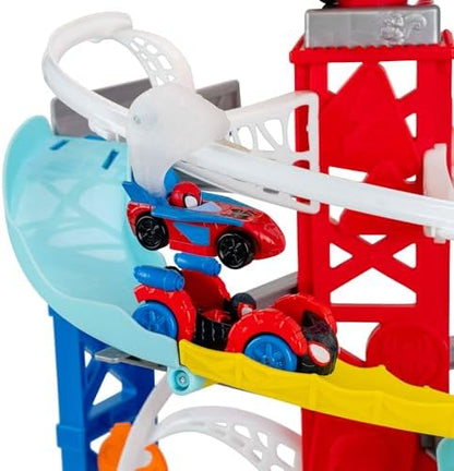 Conjunto de Pista de Construção Caótica do Homem-Aranha e Seus Incríveis Amigos da MARVEL - Pista de corrida dupla de 60 cm de altura com tirolesa, áreas de recreação e veículos exclusivos.