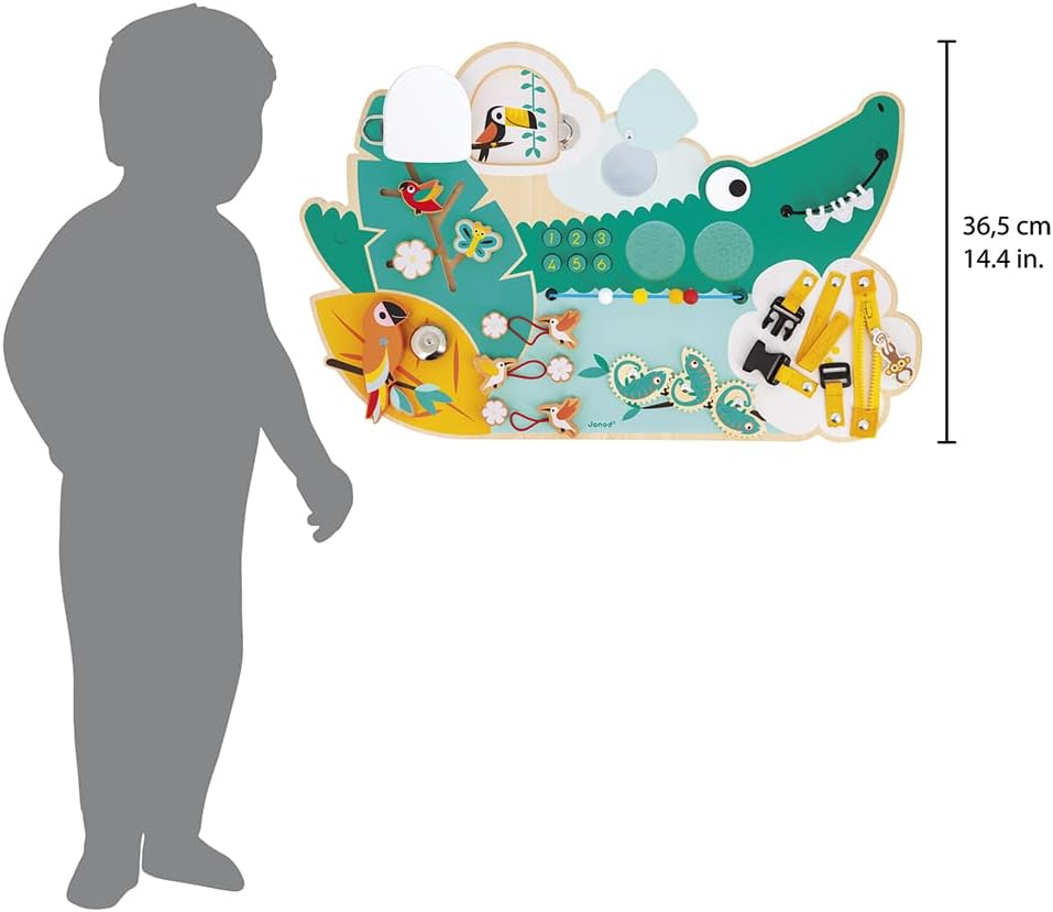 Janod - Busy Board Croco - Quadro de Atividades - Tema Animais da Selva - 14 Atividades - Brinquedo Infantil para Meninos e Meninas - Habilidades Motoras Finas - Brinquedo de Madeira FSCTM - A partir de 18 Meses - J08280