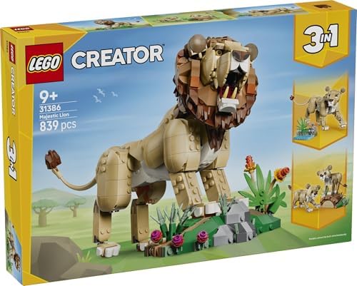 LEGO Creator 3 em 1 Animais Selvagens: Leão Majestoso de Brinquedo - Figura de Animal que se Transforma em uma Leoa ou 2 Filhotes - Decoração DIY para Quarto Infantil - Presente de Aniversário para Meninas e Meninos a partir de 9 Anos - 31386