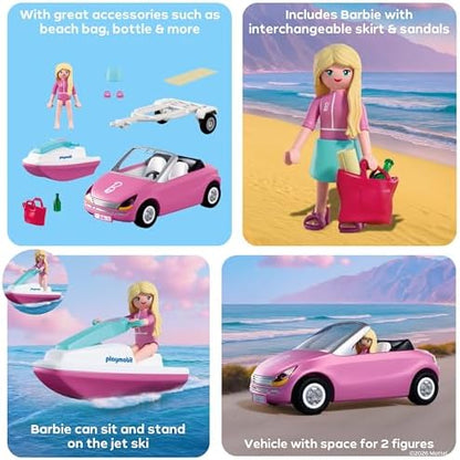 Playmobil | Barbie | Conversível | Carro Conversível com Reboque e Jet Ski | Aventura de Verão com a Barbie na Costa de Malibu | Diversão com Veículo e na Água | Conjunto Criativo para Crianças a partir de 4 Anos | 72123