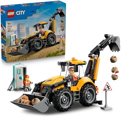 LEGO City Retroescavadeira Amarela - Brinquedo de Veículo de Construção - Trator com 2 Minifiguras, Caçamba Frontal e Retroescavadeira Funcionais - Ideia de Presente de Aniversário para Meninos a partir de 7 Anos - 60480