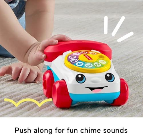 Fisher-Price Carrinho de brinquedo Baby com telefone que fala, empurre e emita sons para estimular o desenvolvimento de bebês a partir de 6 meses, JKD56
