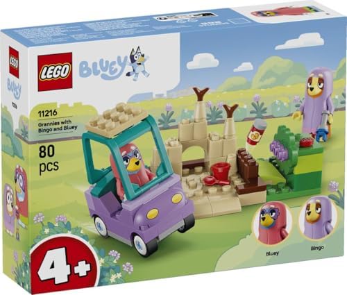 LEGO Bluey Vovós com Bingo e Bluey - Brinquedo Educativo com Carro, 2 Minifiguras e Jardim - Conjunto Montessori - Presente de Aniversário para Meninas e Meninos a partir de 4 Anos - 11216
