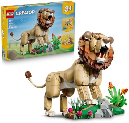 LEGO Creator 3 em 1 Animais Selvagens: Leão Majestoso de Brinquedo - Figura de Animal que se Transforma em uma Leoa ou 2 Filhotes - Decoração DIY para Quarto Infantil - Presente de Aniversário para Meninas e Meninos a partir de 9 Anos - 31386