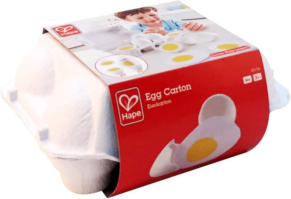 Hape Caixa de ovos | 3 ovos cozidos com casca fácil de descascar e 3 ovos fritos, brinquedo educacional realista de madeira para crianças 3+