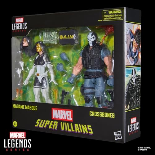 Figuras de ação da Madame Máscara e Ossos Cruzados da série Marvel Legends, nas cores dourada, preta e vermelha.