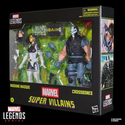 Figuras de ação da Madame Máscara e Ossos Cruzados da série Marvel Legends, nas cores dourada, preta e vermelha.