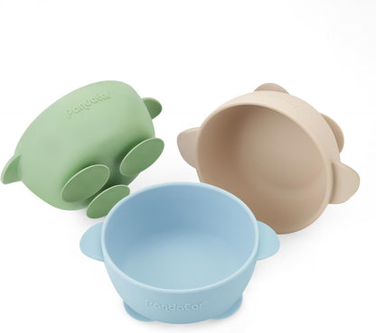 PandaEar Conjunto de 3 Tigelas de Silicone com Ventosa para Bebês, que Mantêm a Alimentação Firme, Ideais para a Introdução Alimentar de Bebês e Crianças Pequenas, Livres de BPA - Azul/Verde/Marrom