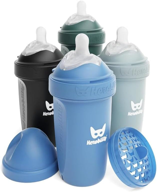 Herobility Mamadeiras anticólicas 240ml - Pacote com 4 mamadeiras de plástico, fluxo lento, bico em formato de seio para bebês amamentados - Multicores - Jeans, Preto, Verde Escuro, Cinza