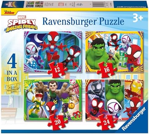 Quebra-cabeças Ravensburger Marvel Homem-Aranha e Seus Incríveis Amigos para Crianças a partir de 3 Anos - 4 em uma Caixa (12, 16, 20, 24 Peças)