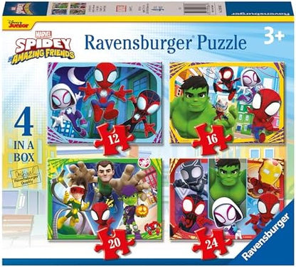 Quebra-cabeças Ravensburger Marvel Homem-Aranha e Seus Incríveis Amigos para Crianças a partir de 3 Anos - 4 em uma Caixa (12, 16, 20, 24 Peças)