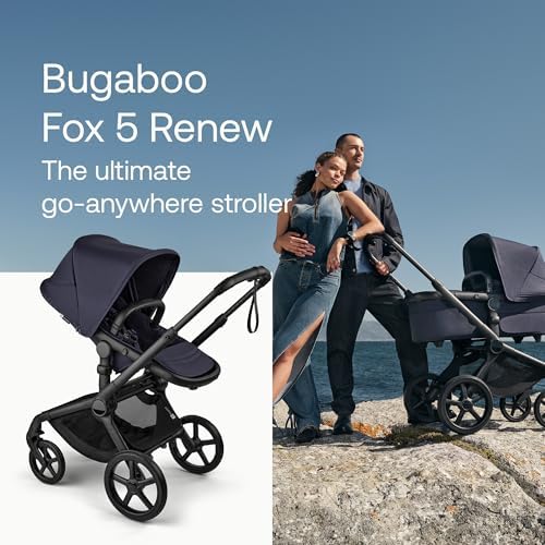 Bugaboo Carrinho de Bebê Fox 5 Renew All-Terrain, 2 em 1, com Suspensão Total, Fácil de Dobrar, Assento Extensível para Crianças, Manobrabilidade com Uma Só Mão, Chassi Preto e Capota Azul Índigo.