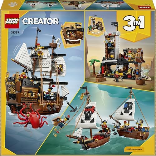 LEGO Creator 3 em 1 Navio Pirata Icônico - Kit de Modelo que se Transforma em um Castelo ou 2 Barcos Gêmeos - Ideia de Decoração para Quarto Infantil - Presente de Aniversário para Meninos e Meninas a partir de 9 Anos - 31387
