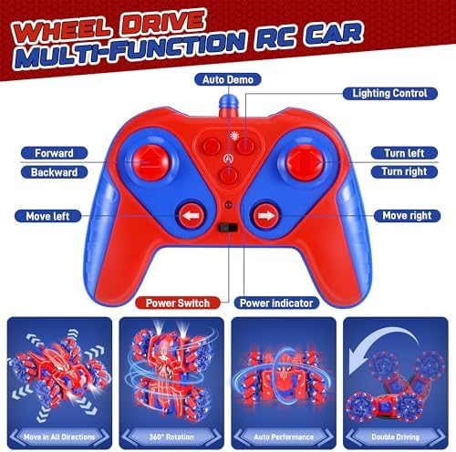 Carro de Controle Remoto Spider - Caminhão Monstro de 2.4Ghz com Rotação de 360° e Dupla Face para Meninos de 4 a 8 Anos, Carro Acrobático 4WD com Luzes Incríveis
